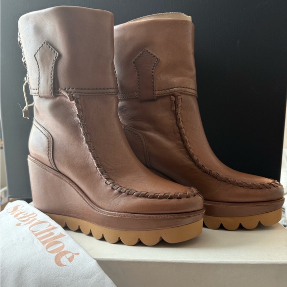 See By Chloe Shoes - See By Chloe Tan Leather Wedge Boots